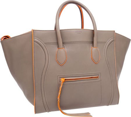 Celine Limited Edition Large Gray Phantom Luggag: Celine Limited Edition Large Gray Phantom Luggage Tote Bag with Neon Fluo Orange Trim 