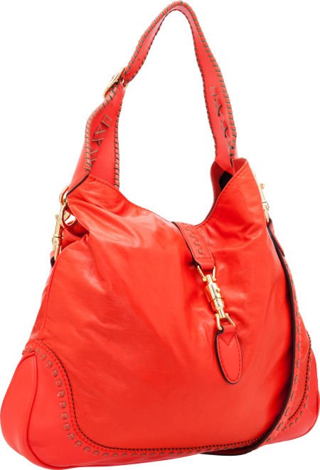 Gucci Red Leather Large Jackie Bag with Piston C: Gucci Red Leather Large Jackie Bag with Piston Closure Very Good Condition 16" Width