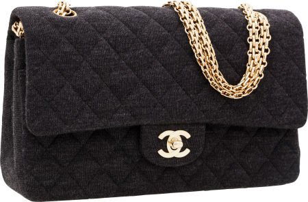 Chanel Gray Quilted Cotton Medium Double Flap Ba: Chanel Gray Quilted Cotton Medium Double Flap Bag with Gold Hardware & Jewel Chain Strap E