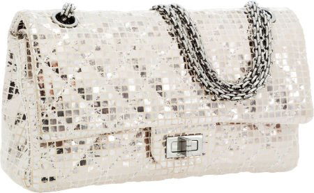 Chanel Metallic Silver Disco Ball Medium Double: Chanel Metallic Silver Disco Ball Medium Double Flap Bag with Gunmetal Hardware & Jewel Chain Strap