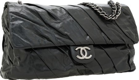 Chanel Slate Gray Antiqued Ruched Leather Huge F: Chanel Slate Gray Antiqued Ruched Leather Huge Flap Bag with Silver Hardware Excellent Con