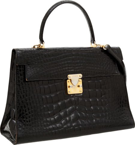 Fendi Shiny Black Alligator Top Handle Bag with: Fendi Shiny Black Alligator Top Handle Bag with Gold Hardware Very Good Condition</