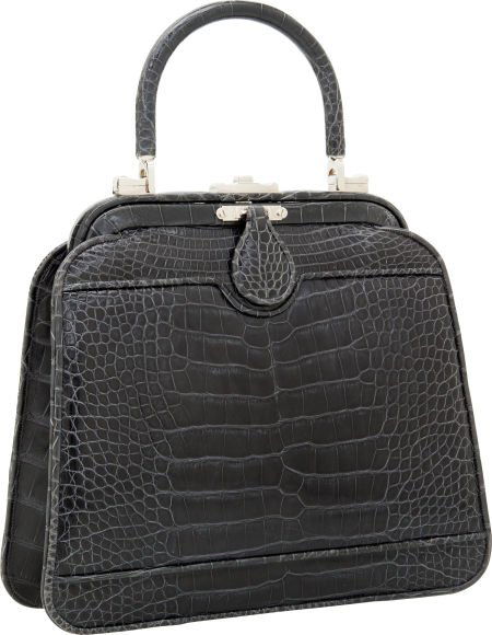 Judith Leiber Shiny Slate Gray Crocodile Medium: Judith Leiber Shiny Slate Gray Crocodile Medium Top Handle Tote Bag with Shoulder Strap Ex