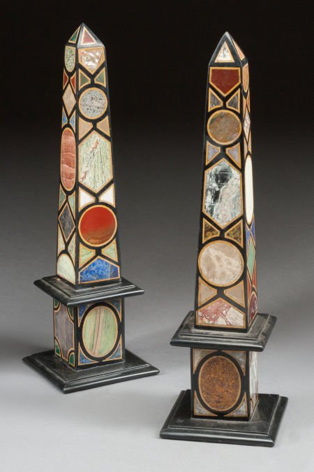 A NEAR PAIR OF ITALIAN PIETRA DURA OBELISKS 20th: A NEAR PAIR OF ITALIAN PIETRA DURA OBELISKS20th century21-1/2 inches high (54.6 cm)