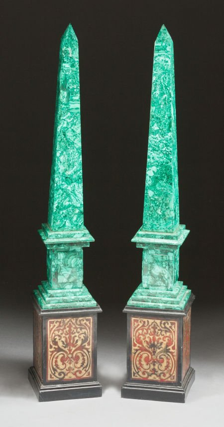 A PAIR OF MALACHITE OBELISKS ON BOULLE BASES Lat: A PAIR OF MALACHITE OBELISKS ON BOULLE BASESLate 20th century38-1/2 x 7 x 7 inches (97