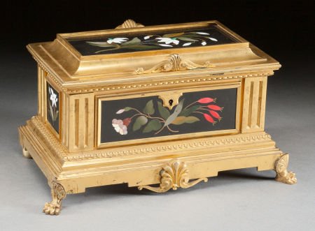 A FRENCH GILT BRONZE AND PIETRA DURA BOX 19th ce: A FRENCH GILT BRONZE AND PIETRA DURA BOX 19th century 5-3/8 x 10 x 5-3/4 inches (13.7 x