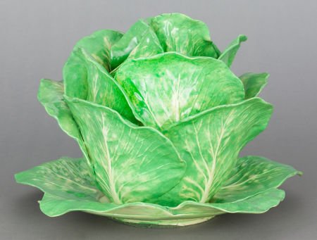A DODIE THAYER POTTERY CABBAGE-FORM LIDDED SOUP: A DODIE THAYER POTTERY CABBAGE-FORM LIDDED SOUP TUREEN WITH UNDERPLATE20th centuryMark