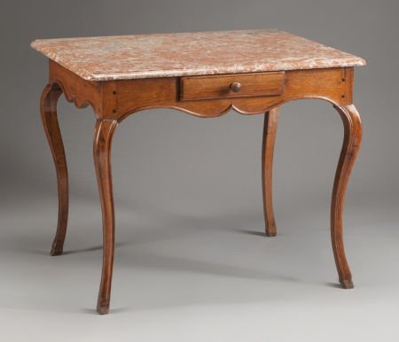 A FRENCH PROVINCIAL OAK SIDE TABLE WITH ROUGE MA: A FRENCH PROVINCIAL OAK SIDE TABLE WITH ROUGE MARBLE TOP 19th century 27-1/2 x 33-