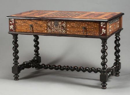 A PORTUGUESE WALNUT, FRUITWOOD, EBONIZED WOOD AN: A PORTUGUESE WALNUT, FRUITWOOD, EBONIZED WOOD AND MOTHER-OF-PEARL INLAID TABLE 19th century