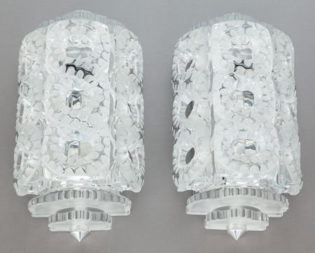 A PAIR OF LALIQUE FROSTED GLASS AND CHROME SEVIL: A PAIR OF LALIQUE FROSTED GLASS AND CHROME SEVILLE WALL SCONCES<