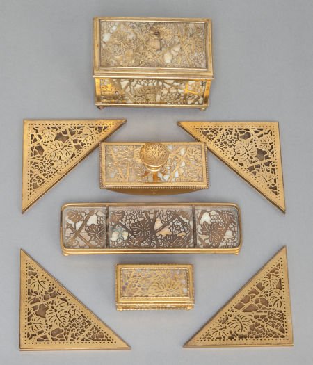 AN EIGHT PIECE TIFFANY STUDIOS GLASS AND GILT BR: AN EIGHT PIECE TIFFANY STUDIOS GLASS AND GILT BRONZE GRAPEVINE P