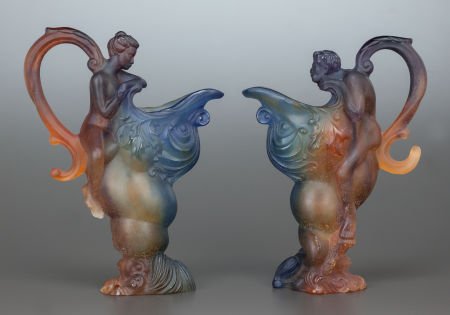 A PAIR OF DAUM PATE-DE-VERRE GLASS MYTHOLOGIE PI: A PAIR OF DAUM PATE-DE-VERRE GLASS MYTHOLOGIE PITCHERS<