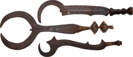 Lot of Three African Ethnographic Knives,Two Afr: Lot of Three African Ethnographic Knives,Two African Ceremonial Swords & Three Scythe. &n