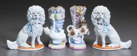 A PAIR OF PORCELAIN POODLES TOGETHER WITH A PAIR: A PAIR OF PORCELAIN POODLES TOGETHER WITH A PAIR OF BOOT VASES WITH A DOG AND CAT Late 19th