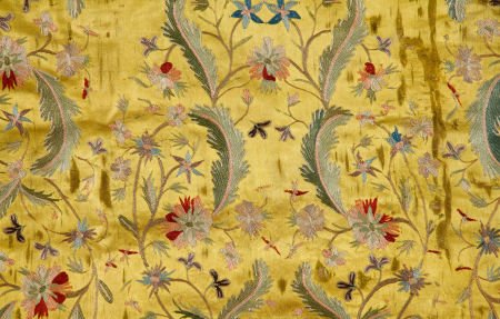 Asian Embroidered Silk Curtain & Two Antique Tin: Asian Embroidered Silk Curtain & Two Antique Tins Multi- colored embroidered lemon