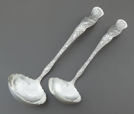 TWO J.B. & S.M. KNOWLES ROSE PATTERN SILVER LADL: TWO J.B. & S.M. KNOWLES ROSE PATTERN SILVER LADLES J.