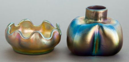 TWO TIFFANY STUDIOS FAVRILE GLASS TABLE ARTICLES: TWO TIFFANY STUDIOS FAVRILE GLASS TABLE ARTICLES Circa 1910 Marks to both: L.C.T.