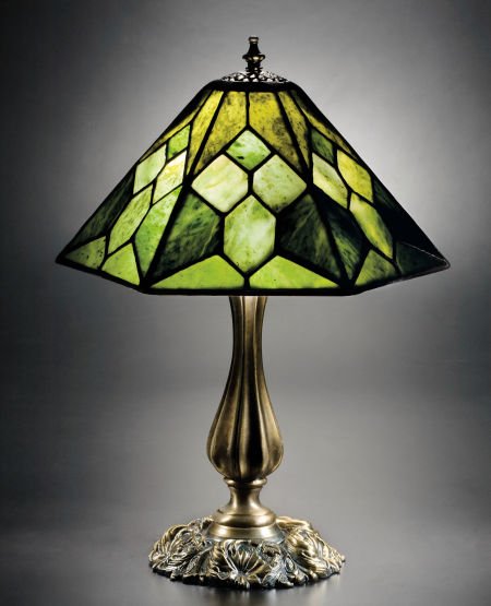 A LEADED JADE LAMP ON PATINATED BRONZE BASE, BY : A LEADED JADE LAMP ON PATINATED BRONZE BASE, BY BARRY DE SOCARRAS 20th century Artist