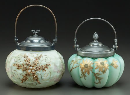 A PAIR OF MOUNT WASHINGTON GLASS BISCUIT JARS Ci: A PAIR OF MOUNT WASHINGTON GLASS BISCUIT JARSCirca 19007 inches high (17.8 cm) (taller