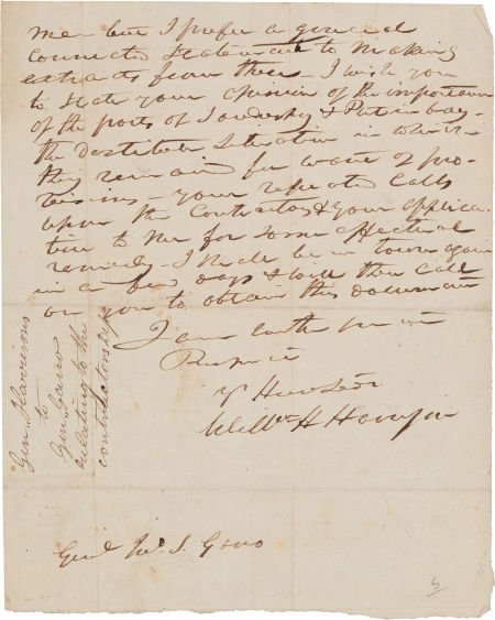 William Henry Harrison. Autograph Letter Signed,: William Henry Harrison. Autograph Letter Signed, "Willm H. Harrison", to Gen. John S. Gan