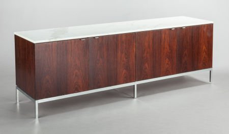 FLORENCE KNOLL (American, b. 1917) Four-door cre: FLORENCE KNOLL (American, b. 1917) Four-door credenza Rosewood, marble, chrom