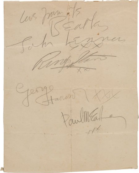 Beatles Set of Large Signatures from September 1: Beatles Set of Large Signatures from September 1963. Four huge penciled autographs on a 7