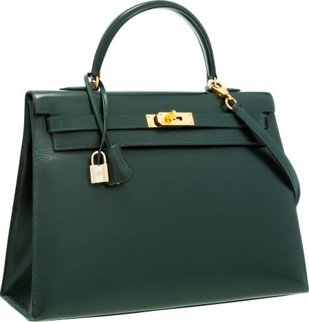 Hermes 35cm Vert Fonce Calf Box Leather Sellier: Hermes 35cm Vert Fonce Calf Box Leather Sellier Kelly Bag with Gold Hardware