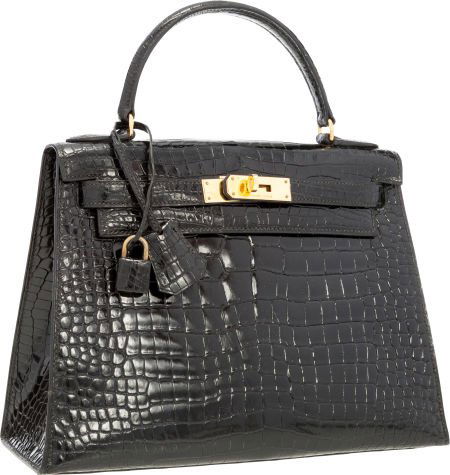 Hermes 28cm Shiny Black Crocodile Sellier Kelly: Hermes 28cm Shiny Black Crocodile Sellier Kelly Bag with Gold Hardware Very Good Condit