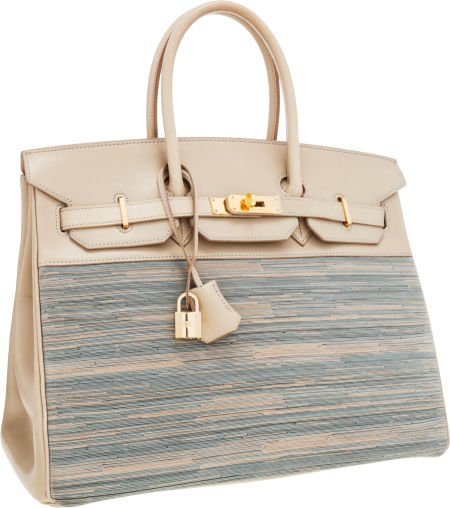 Hermes 35cm Beige Calf Box & Vibrato Leather Bir: Hermes 35cm Beige Calf Box & Vibrato Leather Birkin Bag with Gold Hardware Very Good to