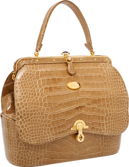 Judith Leiber Shiny Beige Crocodile Top Handle B: Judith Leiber Shiny Beige Crocodile Top Handle Bag with Bottom Jewelry Section & Tiger's Eye Clasp