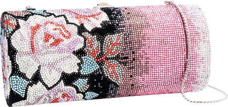 Judith Leiber Full Bead Pink Floral Rectangular: Judith Leiber Full Bead Pink Floral Rectangular Crystal Minaudiere Evening Bag Excellen
