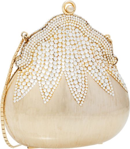 Judith Leiber Half Bead Gold & Silver Crystal Ch: Judith Leiber Half Bead Gold & Silver Crystal Chatelaine Minaudiere Evening Bag E