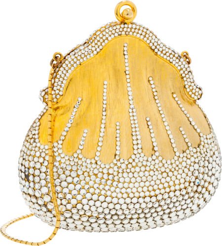 Judith Leiber Half Bead Gold Crystal Chatelaine: Judith Leiber Half Bead Gold Crystal Chatelaine Minaudiere Evening Bag Very Good Condit