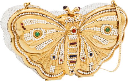 Judith Leiber Half Bead Gold & White Crystal But: Judith Leiber Half Bead Gold & White Crystal Butterfly Minaudiere Evening Bag Excellent