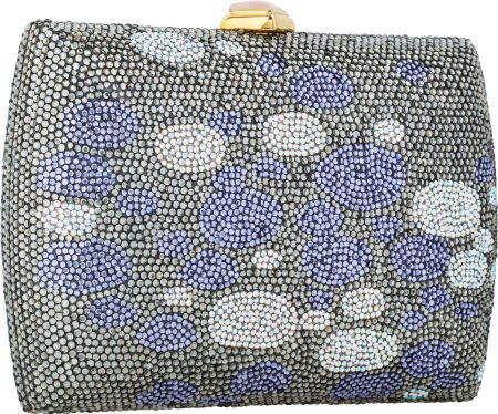 Judith Leiber Full Bead Purple & Silver Crystal: Judith Leiber Full Bead Purple & Silver Crystal Spotted Rectangular Minaudiere Evening Bag