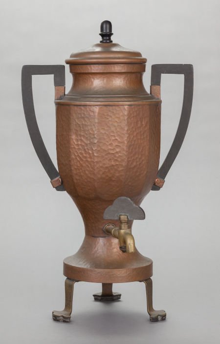 A JOSEPH HEINRICHS ARTS AND CRAFTS COPPER AND SI: A JOSEPH HEINRICHS ARTS AND CRAFTS COPPER AND SILVER HOT WATER KETTLE Joseph Heinrichs, New
