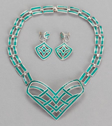A MARGOT DE TAXCO MEXICAN SILVER AND ENAMEL NECK: A MARGOT DE TAXCO MEXICAN SILVER AND ENAMEL NECKLACE AND EARRINGS Margot Van Voorhies