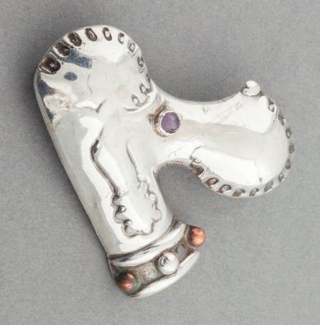 A HUBERT HARMON MEXICAN SILVER, COPPER AND AMETH: A HUBERT HARMON MEXICAN SILVER, COPPER AND AMETHYST QUARTZ BROOCH Hubert Harmon, Taxc