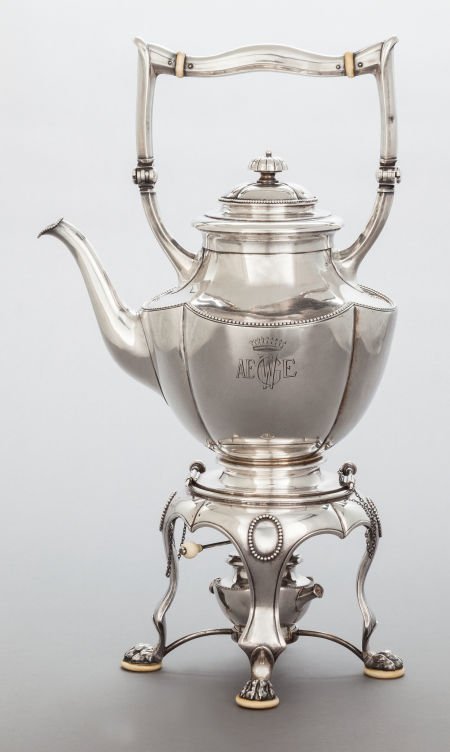 A VIENNESE SILVER HOT WATER KETTLE ON STAND Make: A VIENNESE SILVER HOT WATER KETTLE ON STAND Maker unidentified, Vienna, Austria, circa 1920