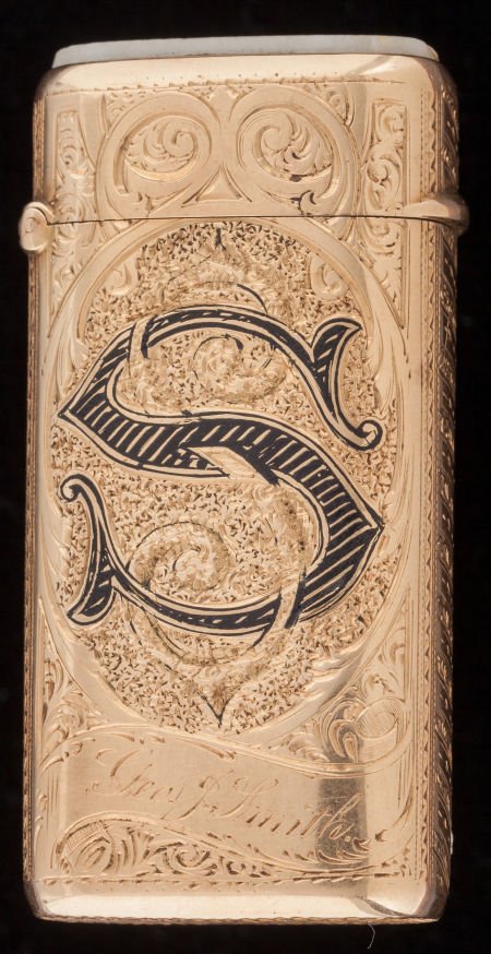 A SHREVE 14K GOLD, GOLD QUARTZ AND ENAMEL MATCH: A SHREVE 14K GOLD, GOLD QUARTZ AND ENAMEL MATCH SAFEShreve & Co., San Francisco, Californi