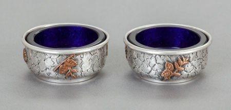 A PAIR OF DOMINICK & HAFF SILVER, COPPER AND GLA: A PAIR OF DOMINICK & HAFF SILVER, COPPER AND GLASS OPEN SALTS Dominick & Haff, New Yo
