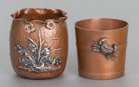 TWO GORHAM PATINATED COPPER AND MIXED METAL TOOT: TWO GORHAM PATINATED COPPER AND MIXED METAL TOOTHPICK HOLDERS Gorham Manufacturing Co