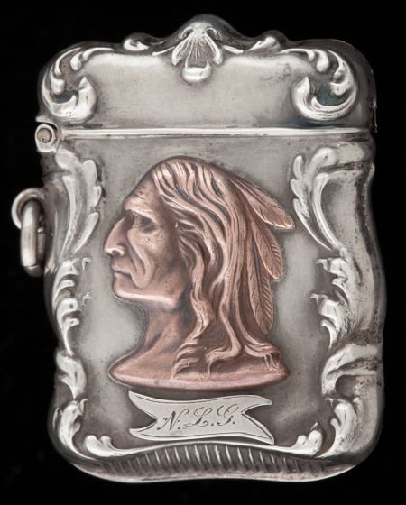 AN AMERICAN SILVER, COPPER AND SILVER GILT MATCH: AN AMERICAN SILVER, COPPER AND SILVER GILT MATCH SAFE Maker unknown, circa 1900 Ma