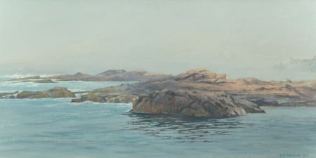 ROBERT E. MOORE (American, 1956-2003) Coastal Ro: ROBERT E. MOORE (American, 1956-2003) Coastal Rocks in a Fog Bank, 1987 Oil o