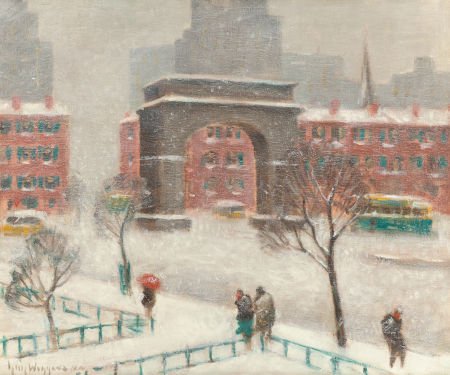 GUY CARLETON WIGGINS (American, 1883-1962) Winte: GUY CARLETON WIGGINS (American, 1883-1962)Winter on Washington SquareOil on