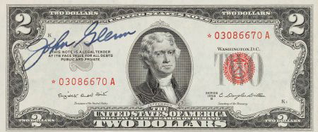 John Glenn Signed Two Dollar Bill, a "Star" Note: John Glenn Signed Two Dollar Bill, a "Star" Note. A Series 1953 B Red Seal United States