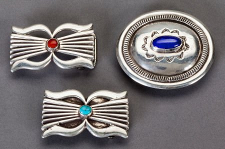 THREE COCHITI SILVER AND STONE BELT BUCKLES Jose: THREE COCHITI SILVER AND STONE BELT BUCKLES Joseph H. Quintana c. 1965 one