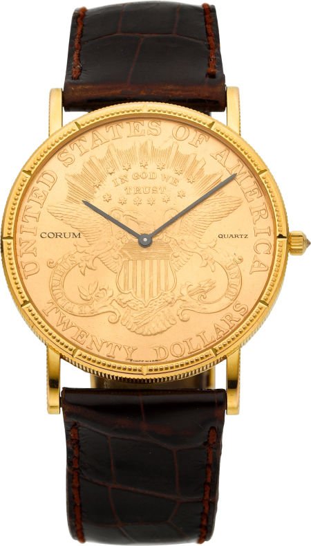 Corum $20 Gold Coin Wristwatch: Corum $20 Gold Coin Wristwatch Case: 35 mm, two body, coin edge, 1897 Twenty Dollar Libert