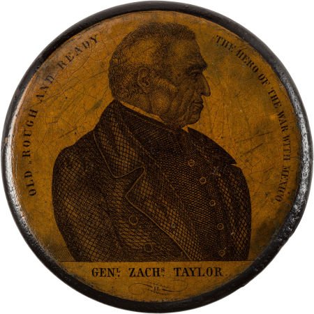 Zachary Taylor: Handsome Snuff Box.: Zachary Taylor: Handsome Snuff Box. 3 1/4" papier-mâché snuff box with engraved portrait