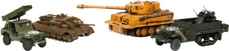 FOUR SCALE MODEL MILITARY VEHICLES Average lengt: FOUR SCALE MODEL MILITARY VEHICLES Average length: 10 inches (25.4 cm) High quality meta